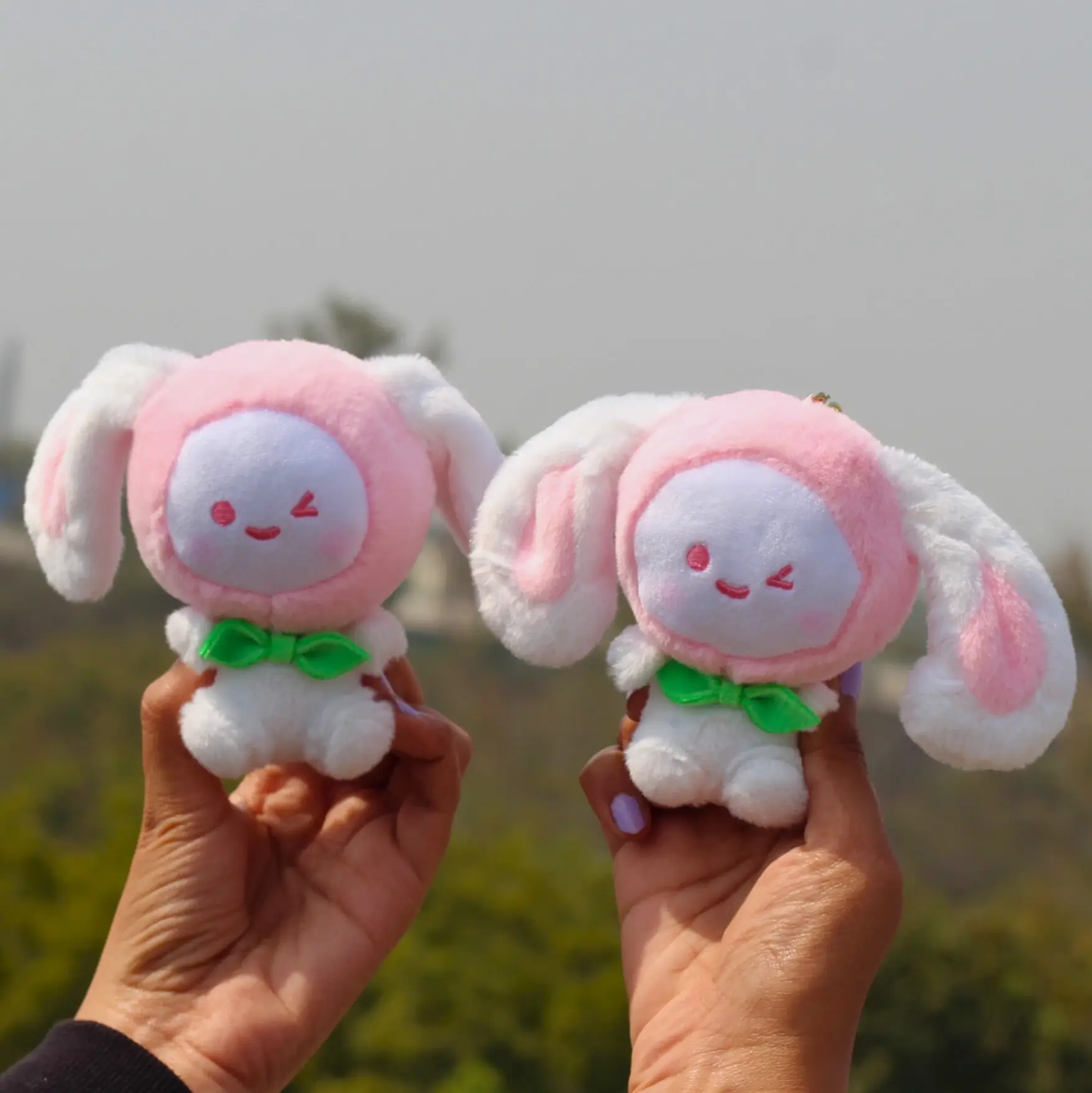 Cute Peach Bunny Plushie Keychain Overview Image