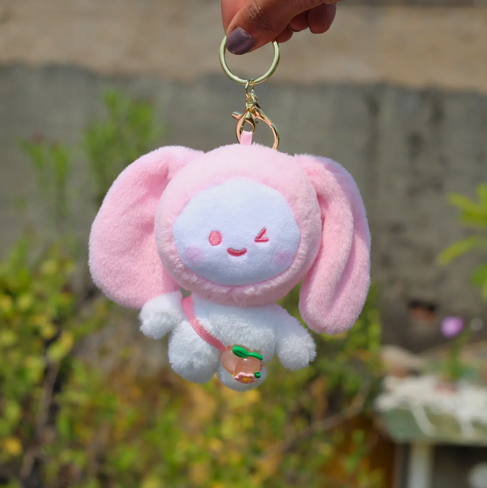 Peach Bunny Plushie Keychain Front Image