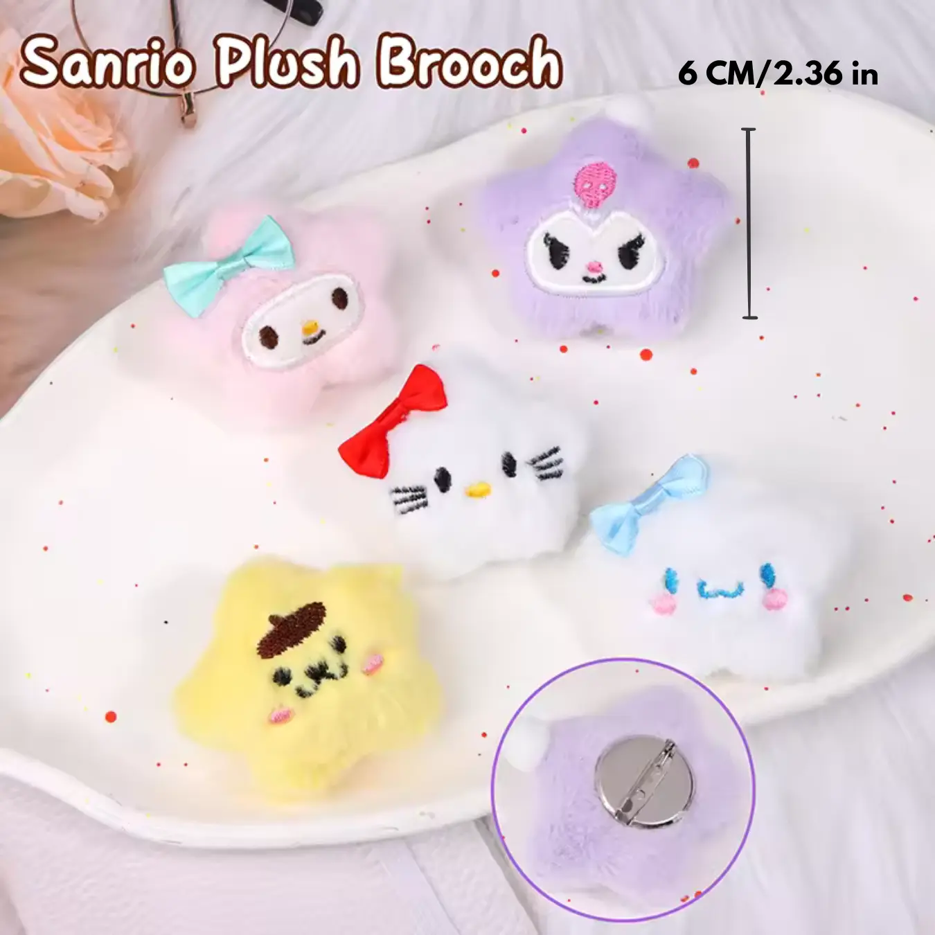 Cute Sanrio Plush Brooch Pins Product and Size Overview Image