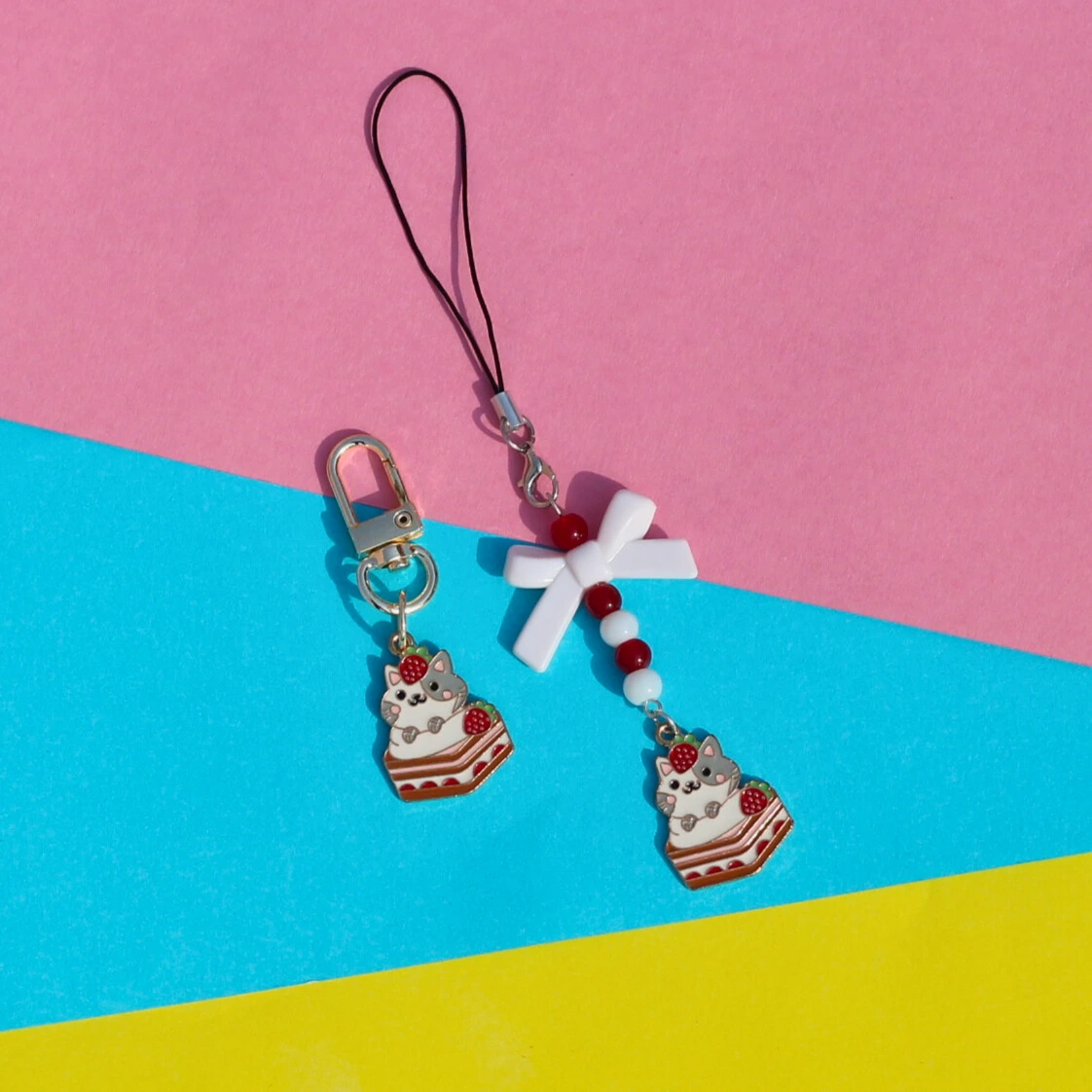 Strawberry Cake Cat Phone Charm & Key Charm Combo -4