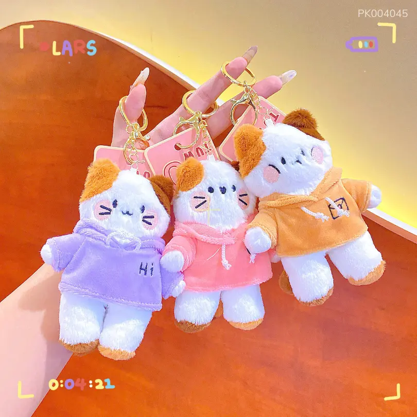Cute Cat in Hoodie Plush Keychain Front Image