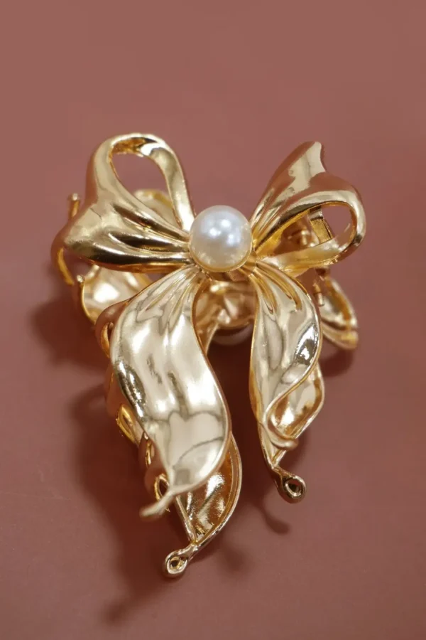 Golden Metal Pearl Bow Hair Claw Clip -9