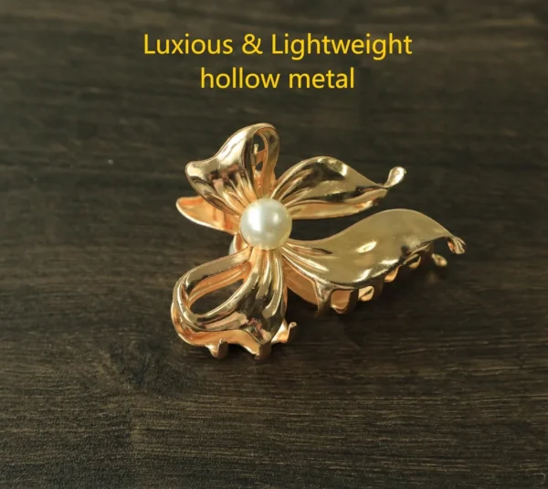 Golden Metal Pearl Bow Hair Claw Clip -6