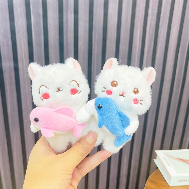 Cute Cat Holding Fish Plush Keychain -1