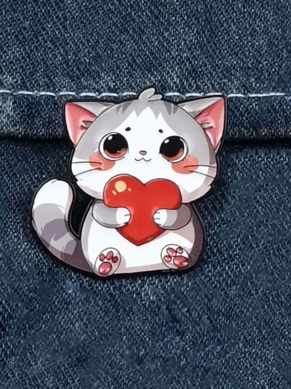 Cat Holding Heart Enamel Pin -7