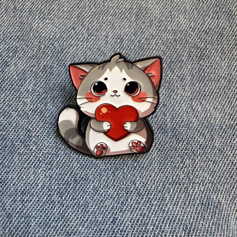 Cat Holding Heart Enamel Pin -1